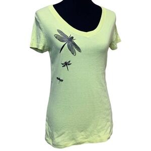 Hand Printed Upcycled Womens Small Dragonfly Short Sleeve V-Neck 100% Cotton Tee
